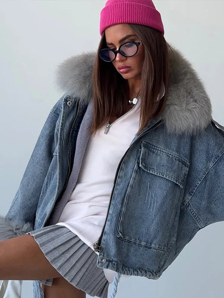 Faux Fur Collar & Cuffs Denim Jacket