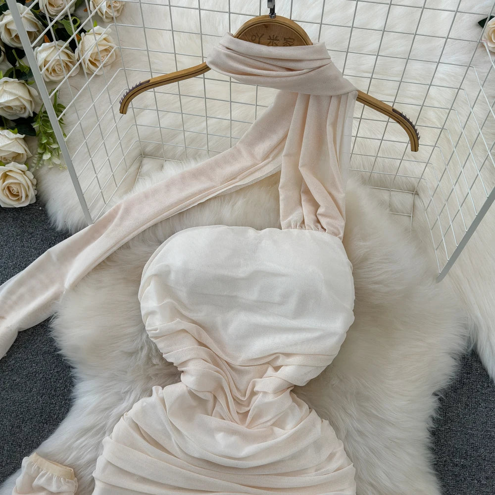 Women Christmas Mesh Hip Dress Lady Winter Festival Night Out Date Dress Female Sexi Hotsweet Strapless Dress With Golves Ribbon