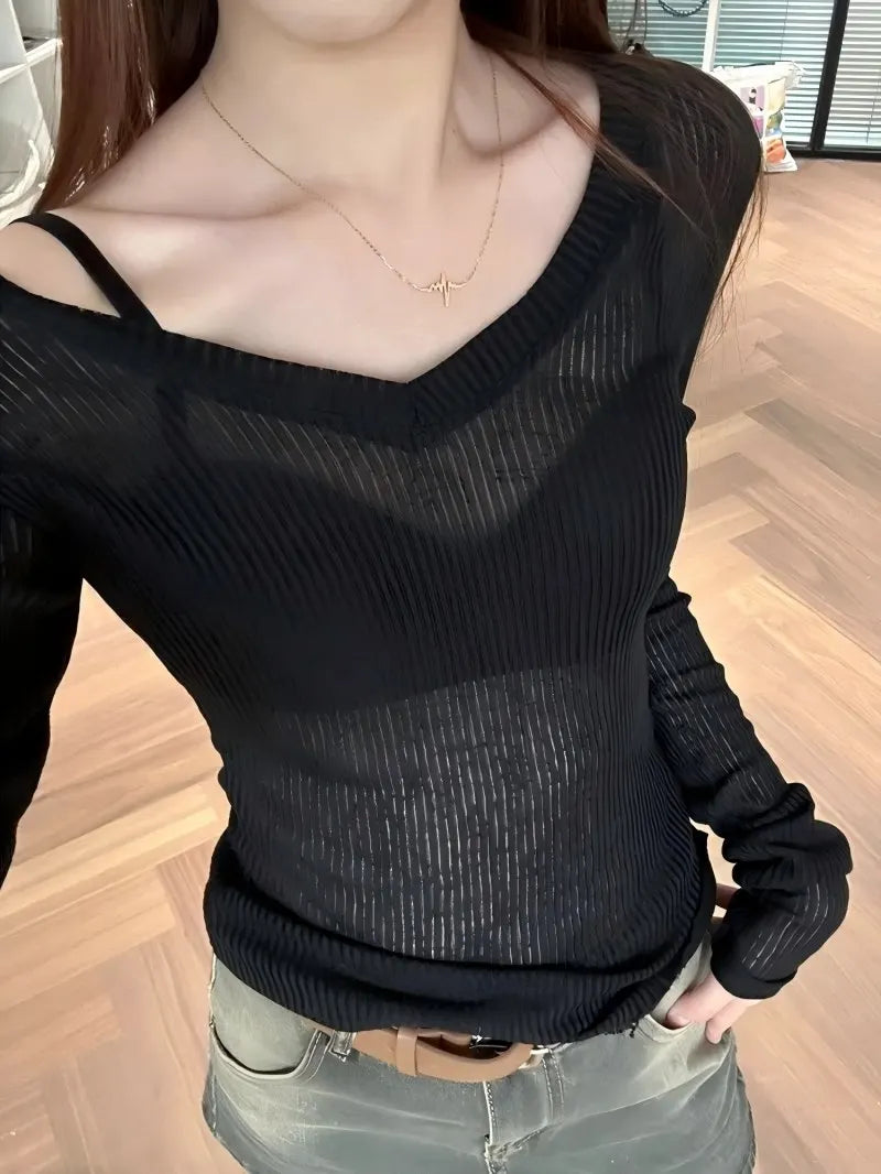 Sheer Stretch V-Neck Long Sleeve Tee