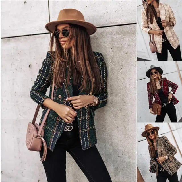 Vintage Plaid Double-Breasted Blazer