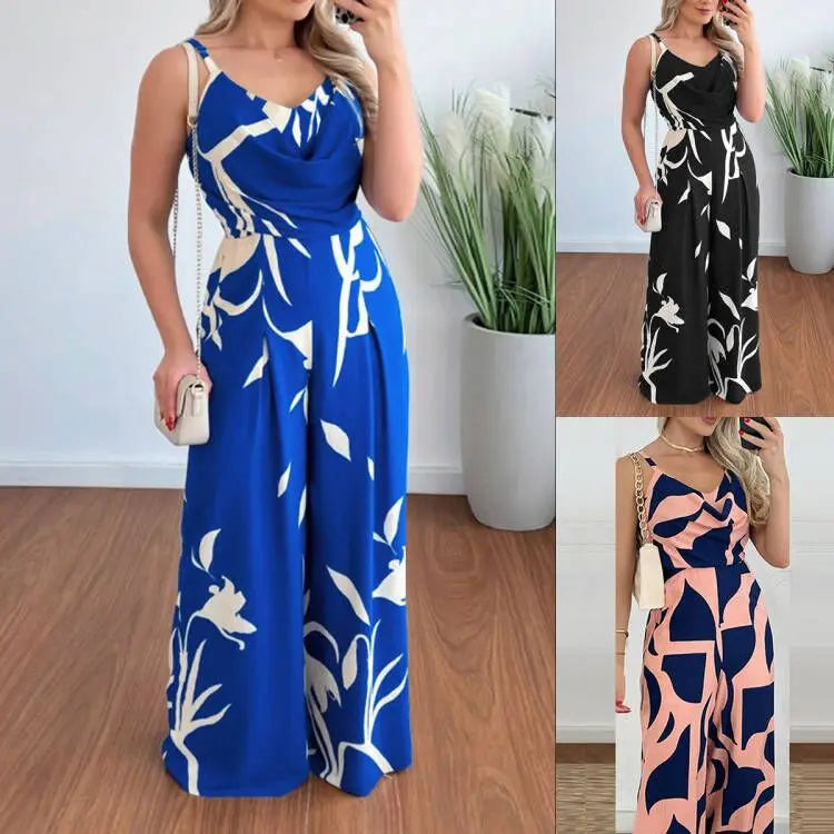 Elegant High-Waist Printed Wide-Leg Jumpsuit