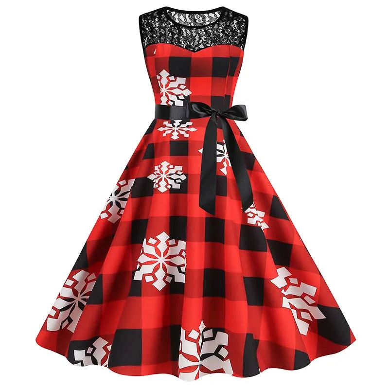 Christmas Dress Women Vintage 50s Lace Sleeveless Print Party A Line Santa Claus Sundress Runway Midi Pinup Flare Dresses
