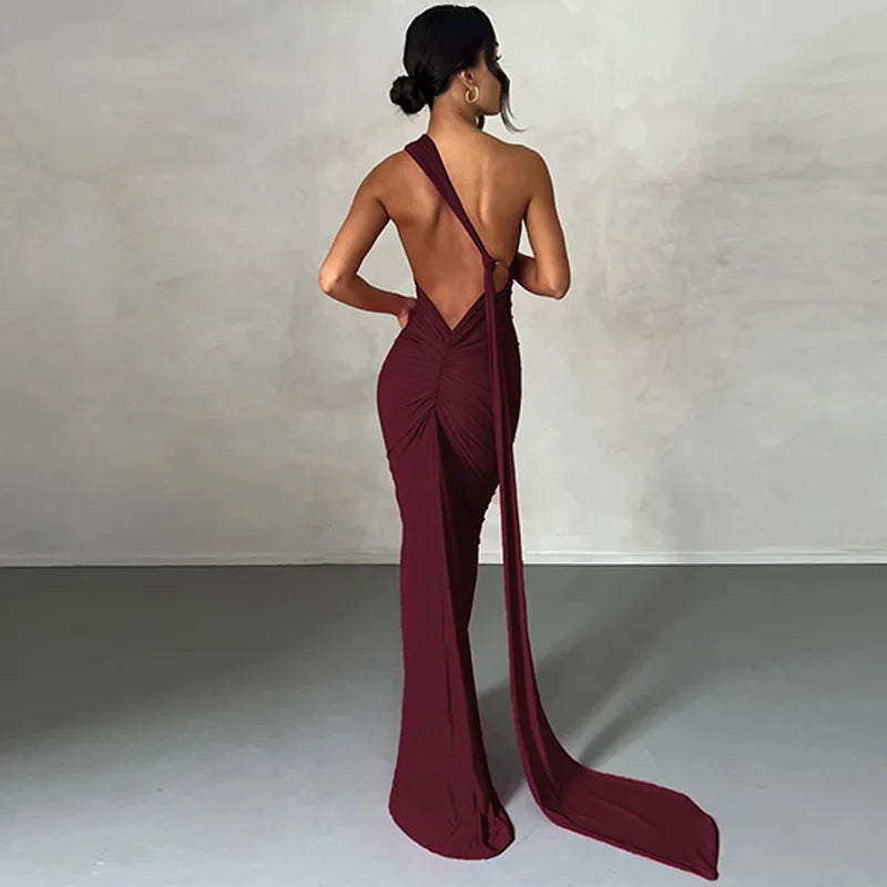 One-Shoulder Scarf Loop Maxi Dress