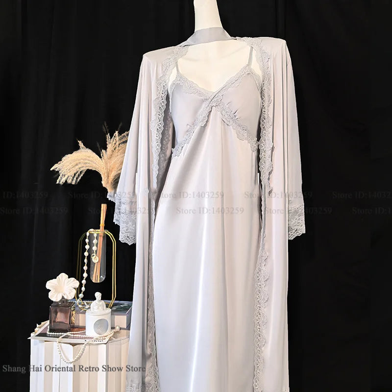 New Female Long Robe Nightgown Set Sexy Lace Trim Sleepwear Suspender Nightdress Spring Summer Casual Satin Home Dress Bathrobe
