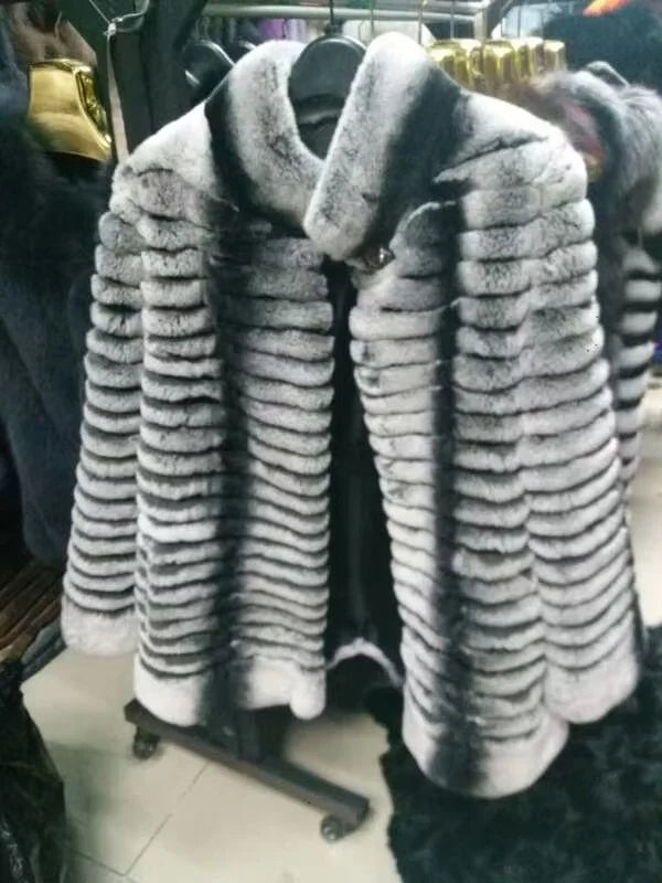 Luxury Rex Rabbit Fur Coat with Hood