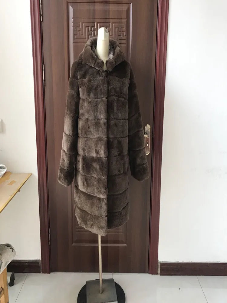 Luxury Rex Rabbit Fur Coat with Hood