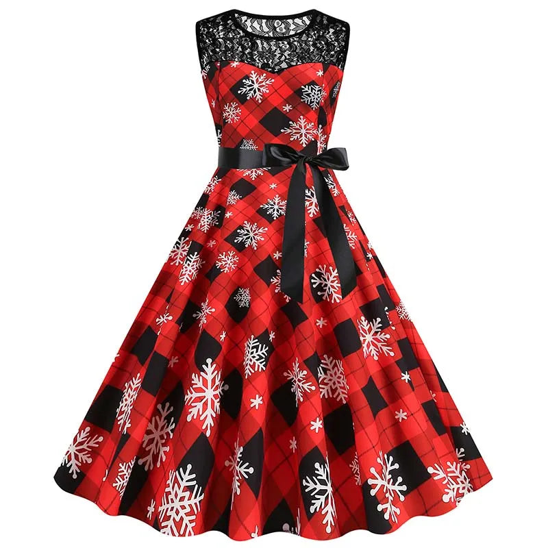 Christmas Dress Women Vintage 50s Lace Sleeveless Print Party A Line Santa Claus Sundress Runway Midi Pinup Flare Dresses
