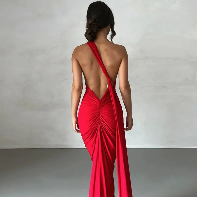 One-Shoulder Scarf Loop Maxi Dress