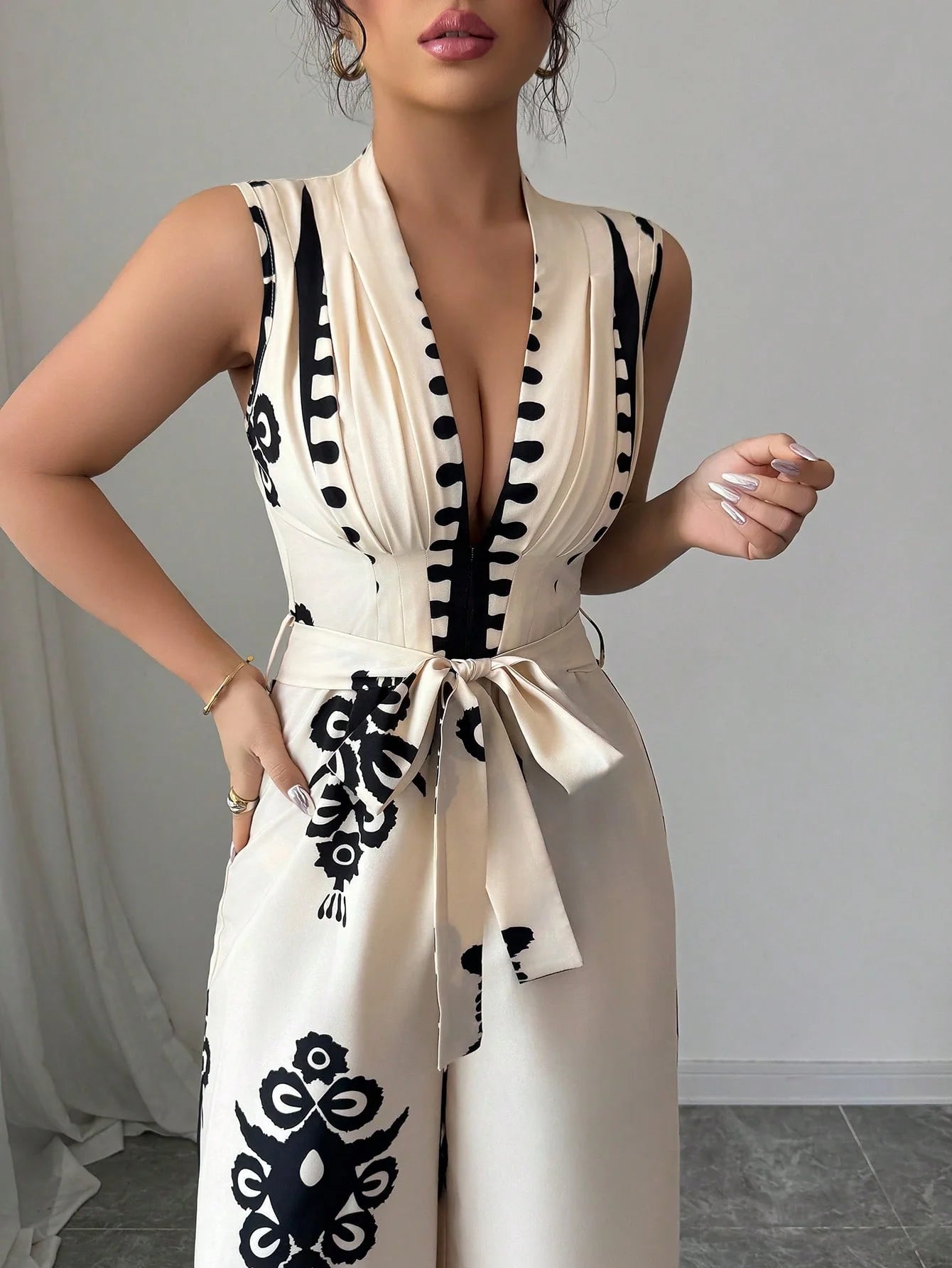 High Street V-Neck Lace-Up Wide Leg Jumpsuit