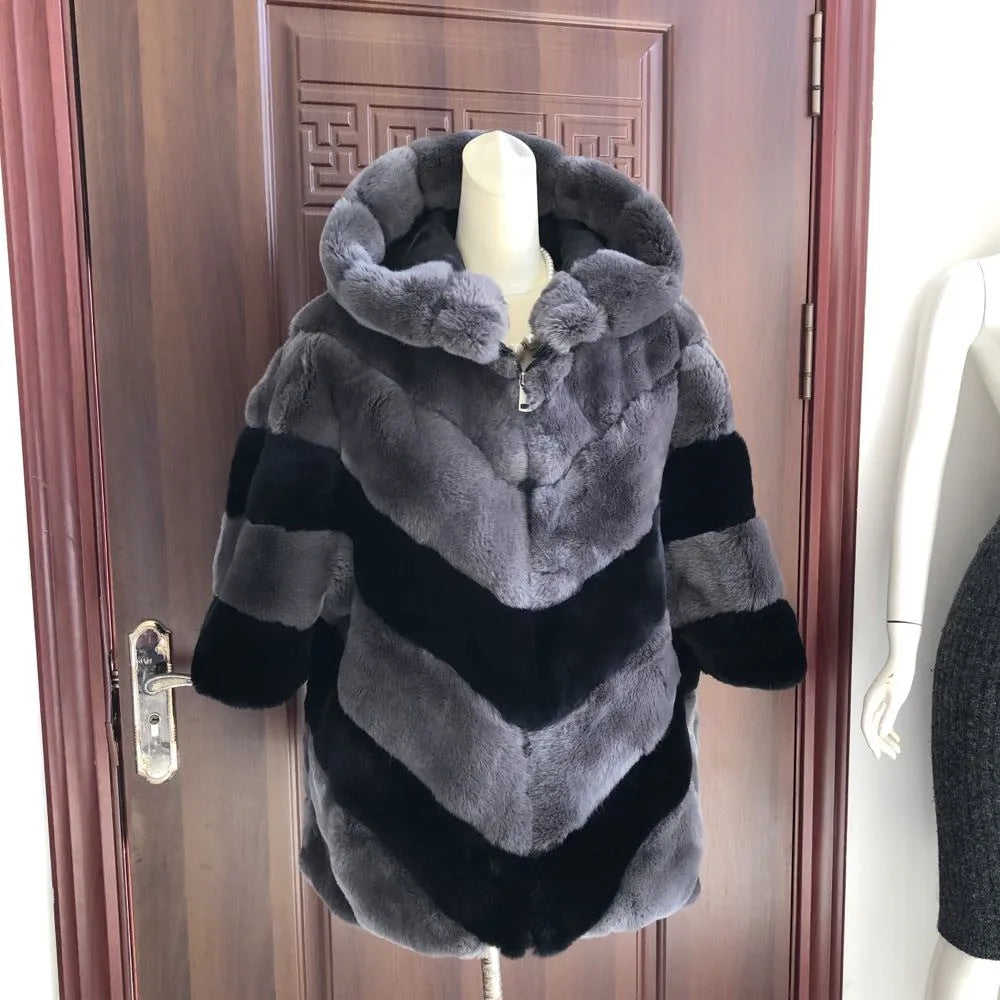 Luxury Rex Rabbit Fur Coat with Hood