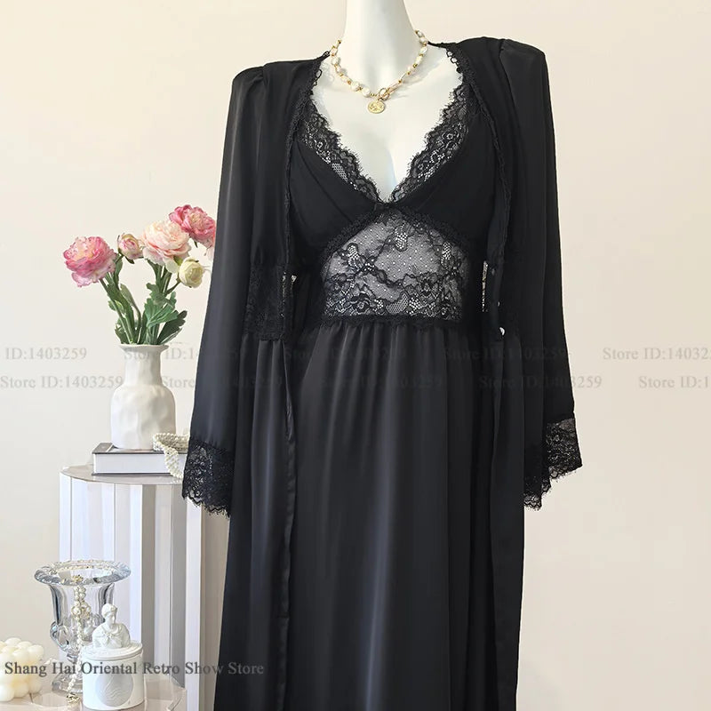 New Female Long Robe Nightgown Set Sexy Lace Trim Sleepwear Suspender Nightdress Spring Summer Casual Satin Home Dress Bathrobe