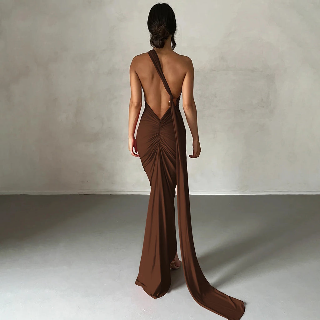 One-Shoulder Scarf Loop Maxi Dress
