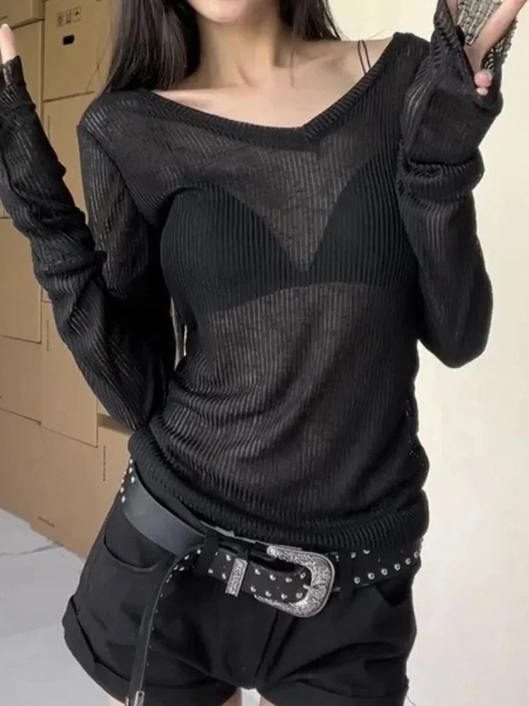 Sheer Stretch V-Neck Long Sleeve Tee