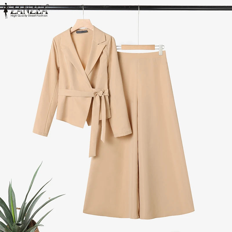ZANZEA Women’s Belted Blazer & Wide-Leg Pant Set