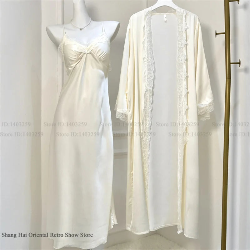 New Female Long Robe Nightgown Set Sexy Lace Trim Sleepwear Suspender Nightdress Spring Summer Casual Satin Home Dress Bathrobe