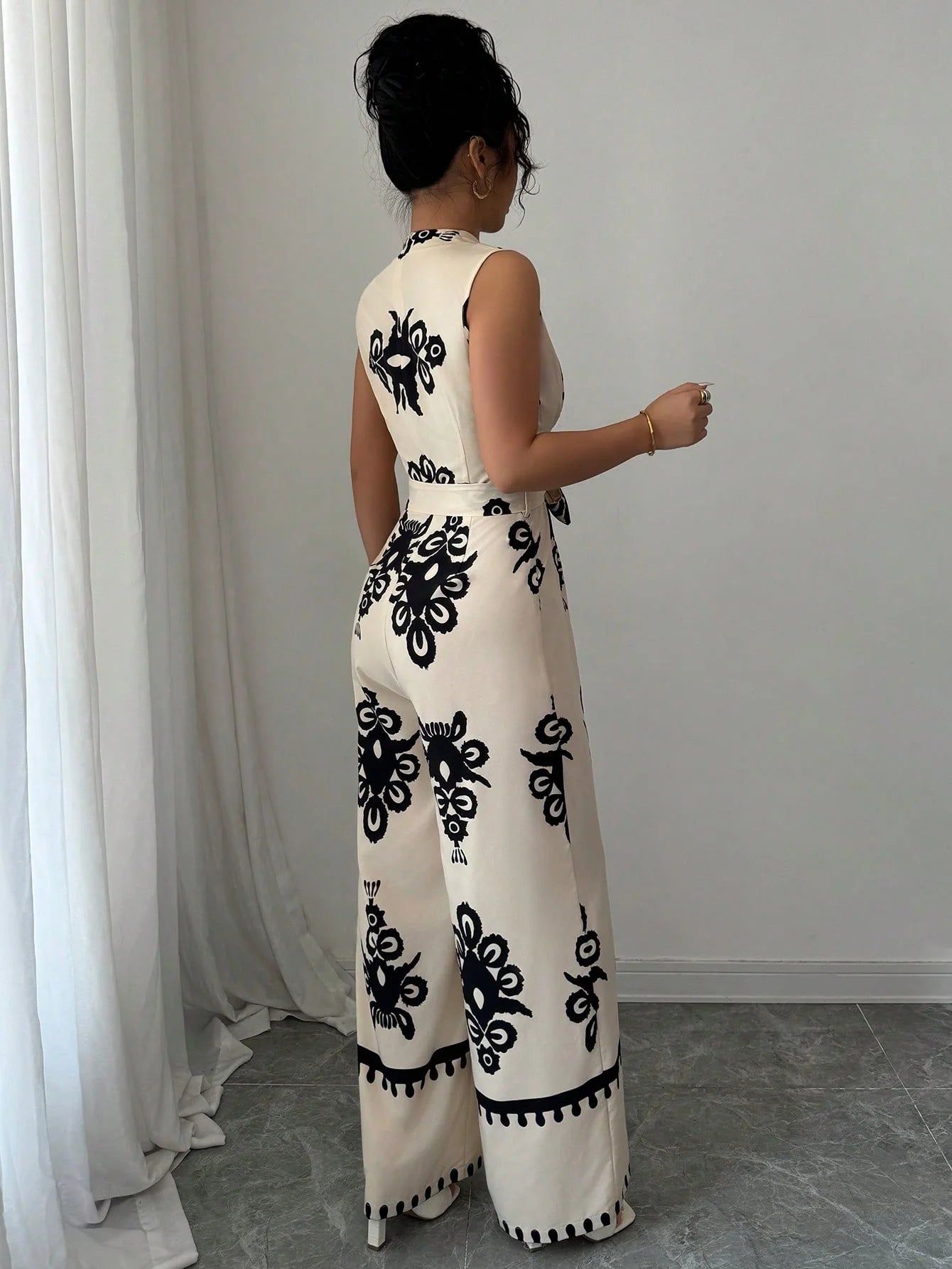 High Street V-Neck Lace-Up Wide Leg Jumpsuit
