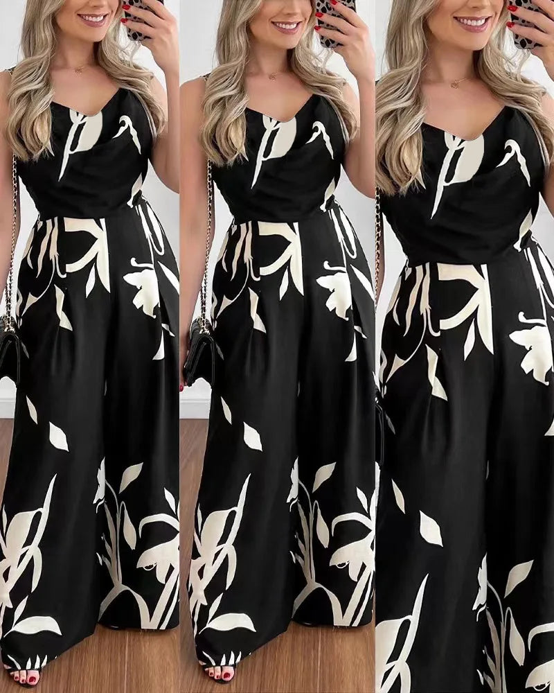 Elegant High-Waist Printed Wide-Leg Jumpsuit