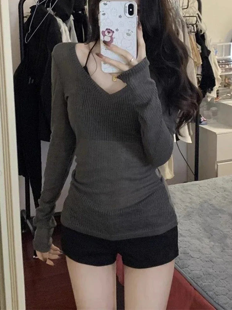 Sheer Stretch V-Neck Long Sleeve Tee