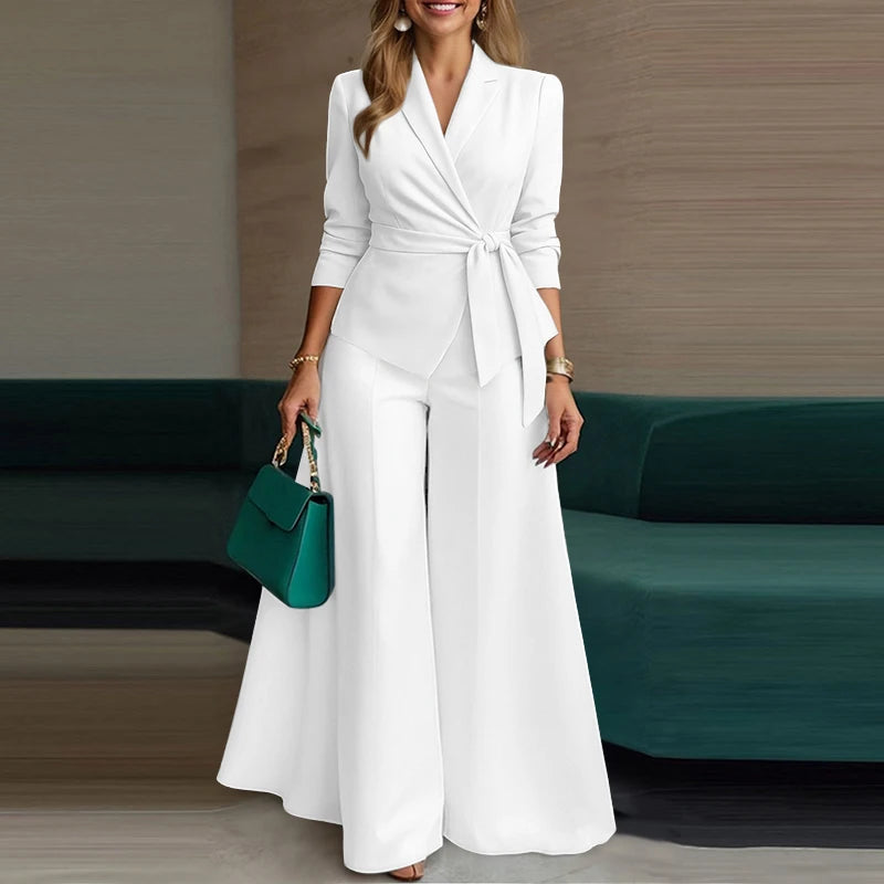 ZANZEA Women’s Belted Blazer & Wide-Leg Pant Set