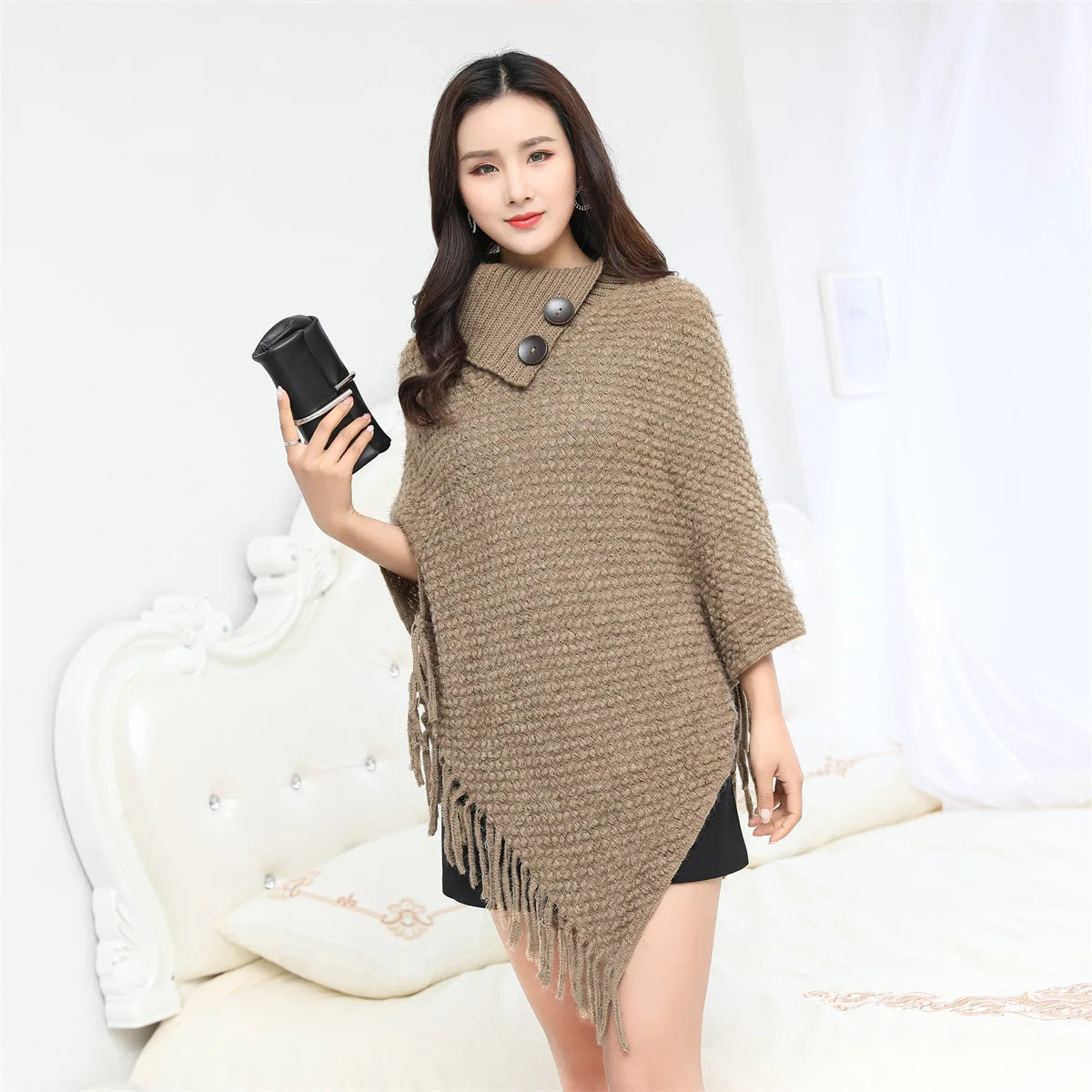 Boho Fringe Knit Cape