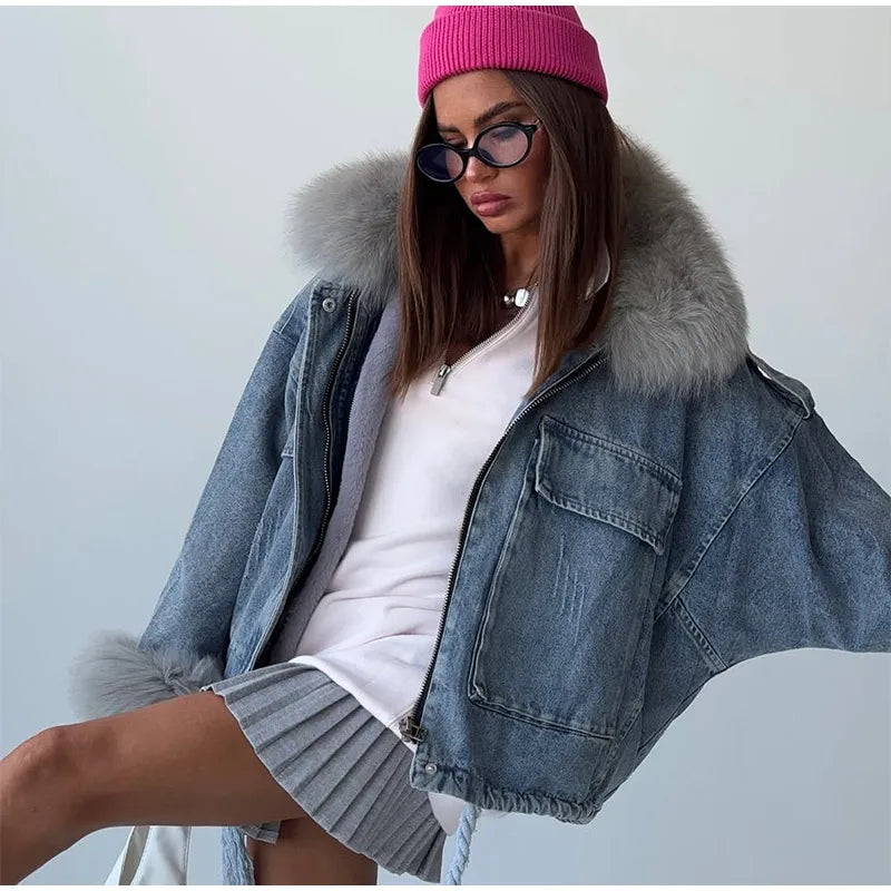 Faux Fur Collar & Cuffs Denim Jacket