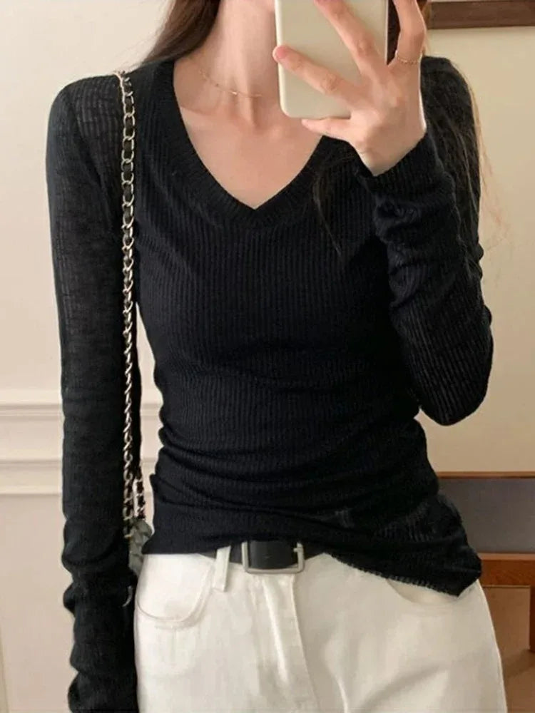 Sheer Stretch V-Neck Long Sleeve Tee