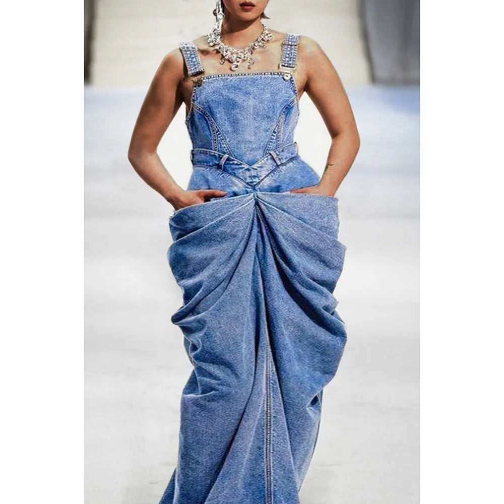 Bow Denim Maxi Overall Dress
