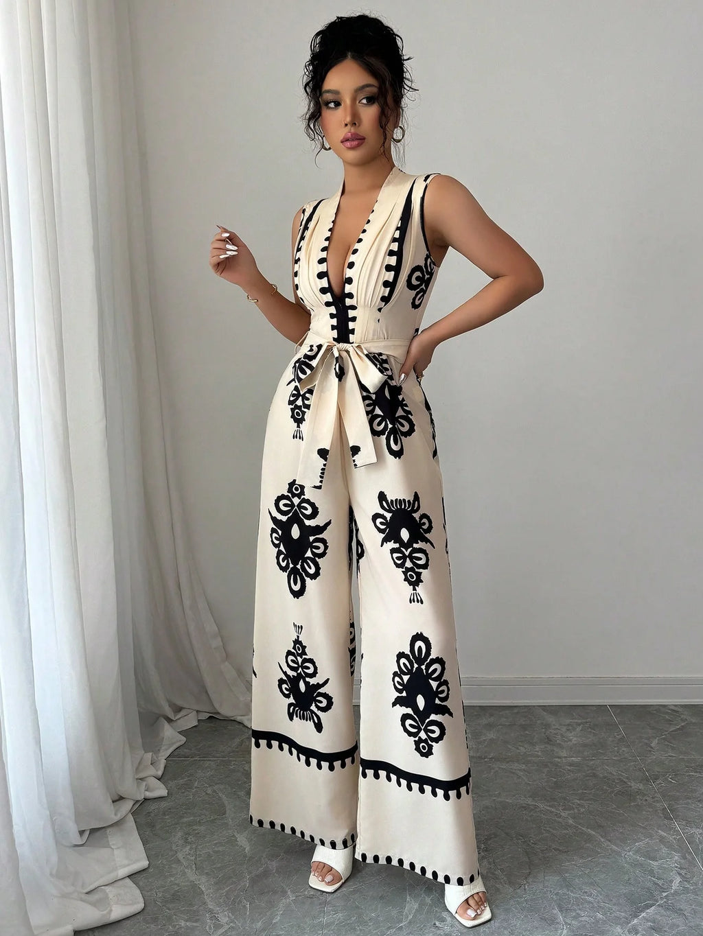 High Street V-Neck Lace-Up Wide Leg Jumpsuit