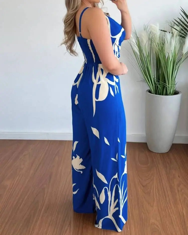 Elegant High-Waist Printed Wide-Leg Jumpsuit