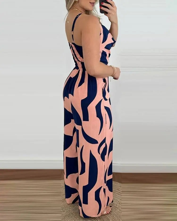 Elegant High-Waist Printed Wide-Leg Jumpsuit