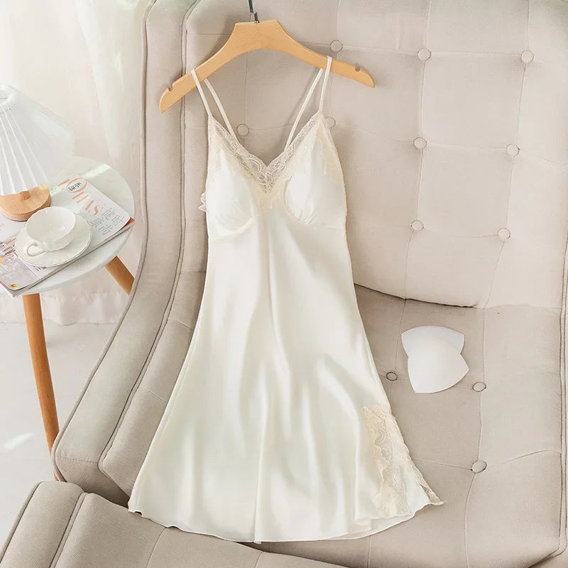 New Female Long Robe Nightgown Set Sexy Lace Trim Sleepwear Suspender Nightdress Spring Summer Casual Satin Home Dress Bathrobe