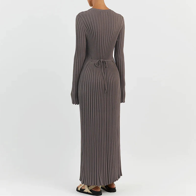Ribbed Knit Tie-Waist Maxi Bodycon Dress