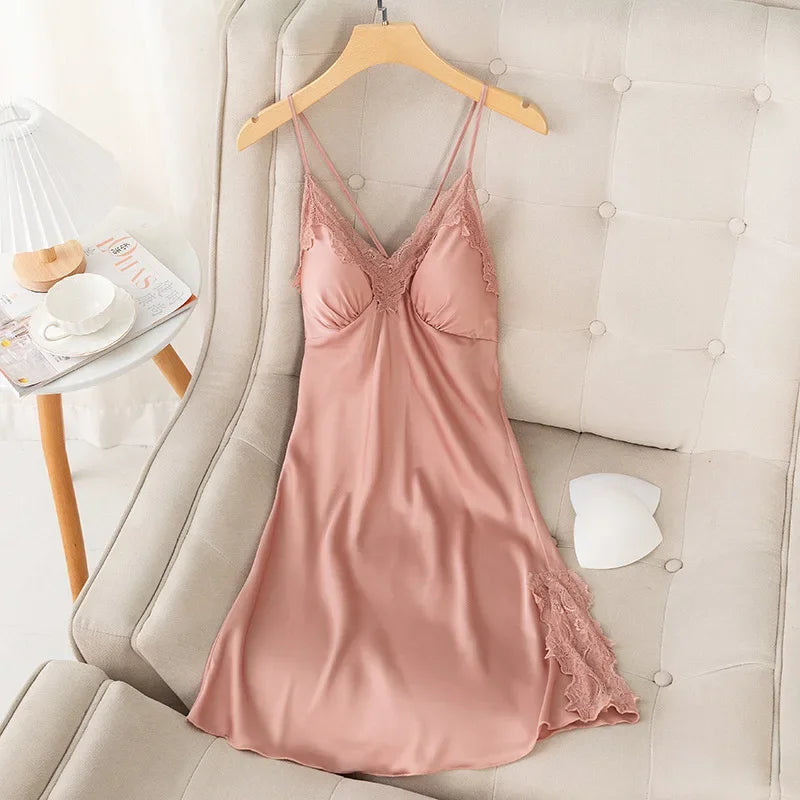 New Female Long Robe Nightgown Set Sexy Lace Trim Sleepwear Suspender Nightdress Spring Summer Casual Satin Home Dress Bathrobe