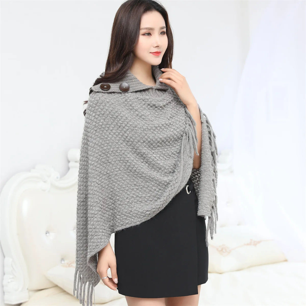 Boho Fringe Knit Cape