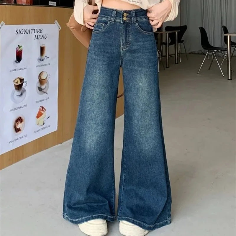 High-Waist Wide-Leg Stretch Denim Pants
