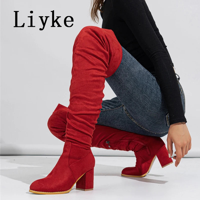 Zip-Up Flock Thigh-High Boots