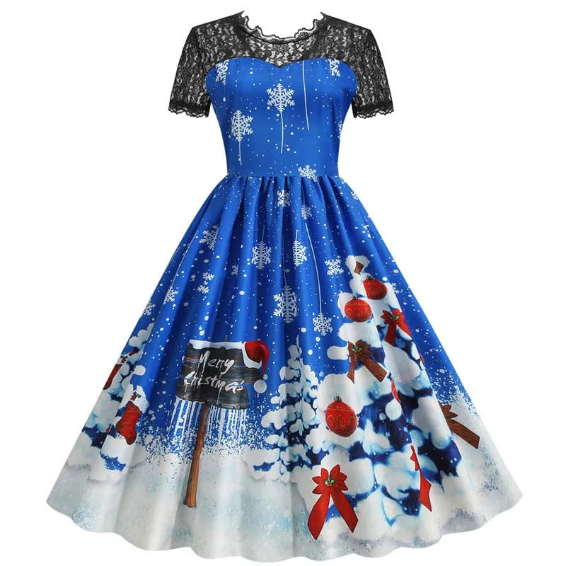 Holiday Lace-Trim Vintage Waist Dress