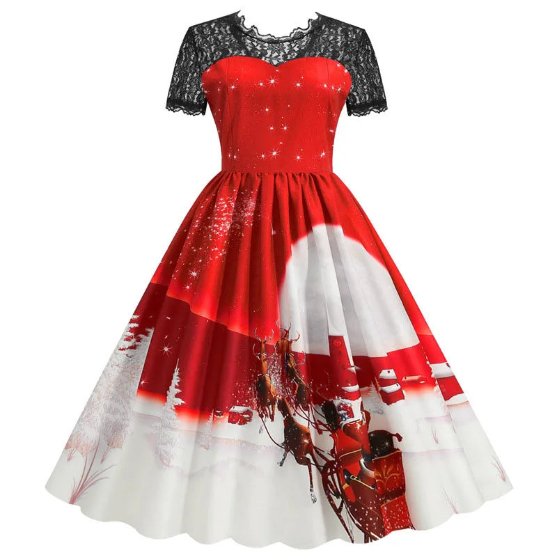 Holiday Lace-Trim Vintage Waist Dress