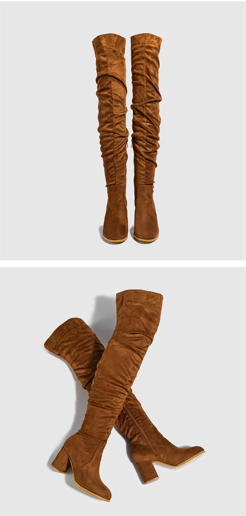 Zip-Up Flock Thigh-High Boots
