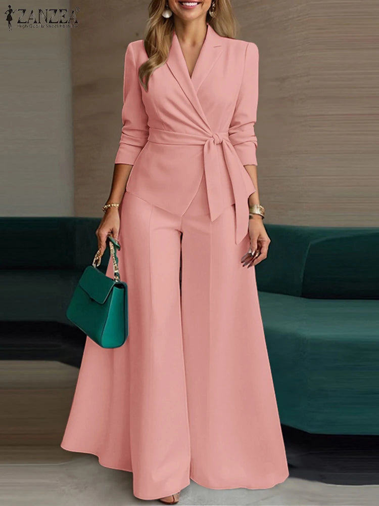 ZANZEA Women’s Belted Blazer & Wide-Leg Pant Set