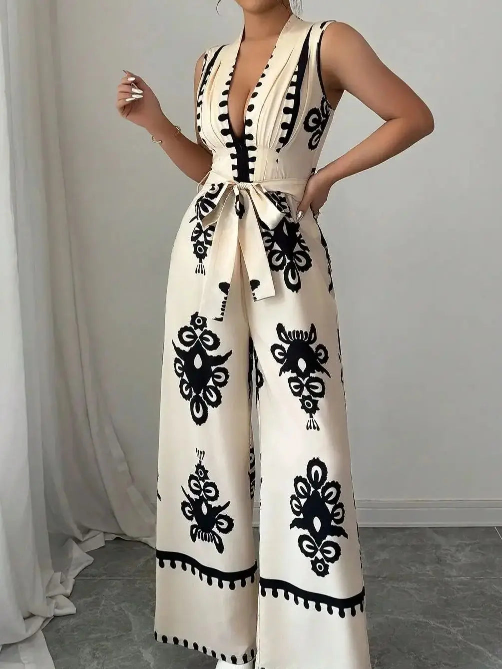 High Street V-Neck Lace-Up Wide Leg Jumpsuit