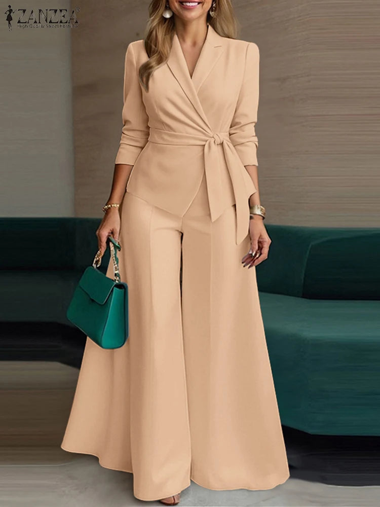 ZANZEA Women’s Belted Blazer & Wide-Leg Pant Set