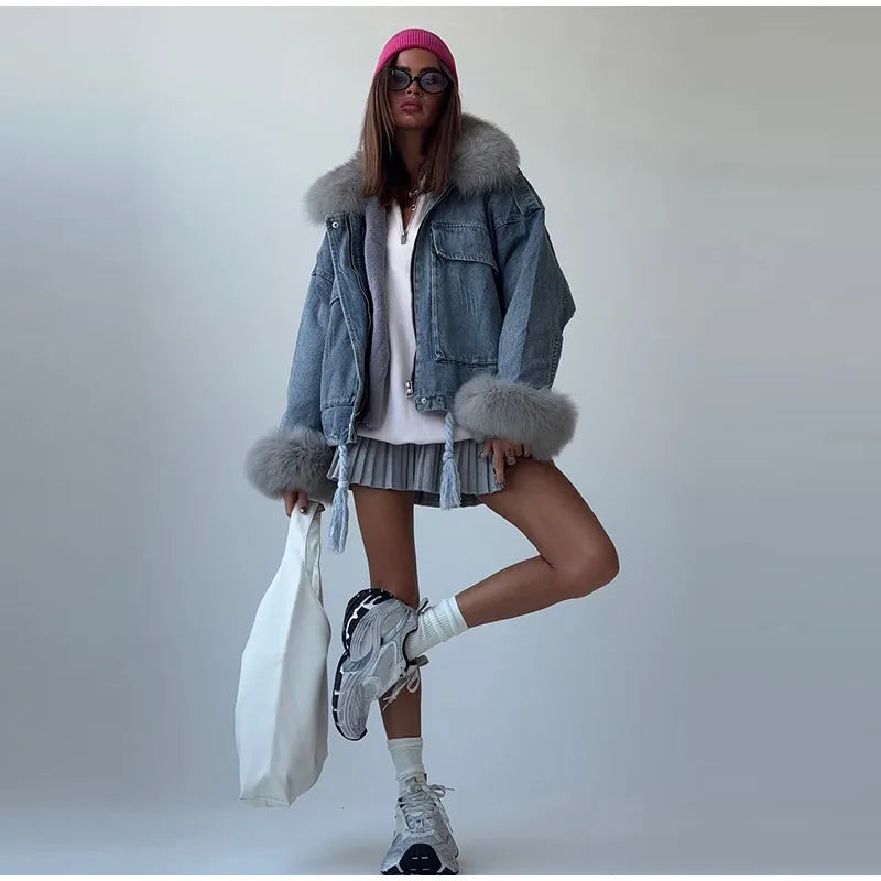 Faux Fur Collar & Cuffs Denim Jacket