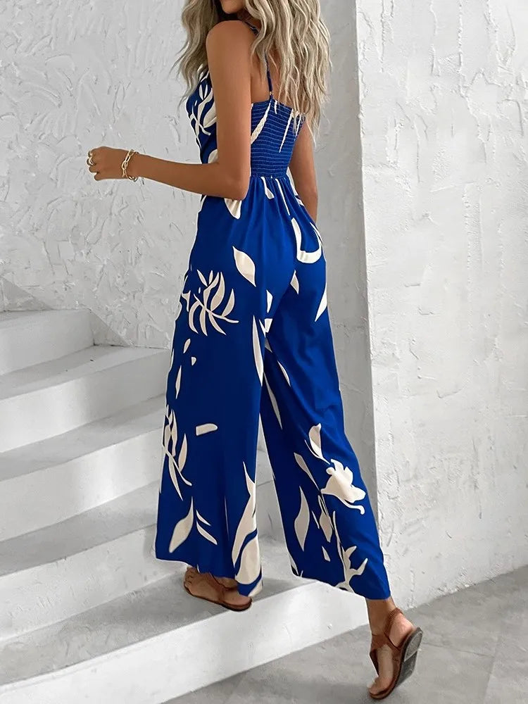 Elegant High-Waist Printed Wide-Leg Jumpsuit