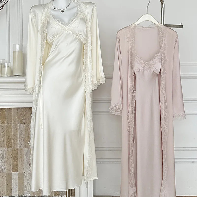 New Female Long Robe Nightgown Set Sexy Lace Trim Sleepwear Suspender Nightdress Spring Summer Casual Satin Home Dress Bathrobe