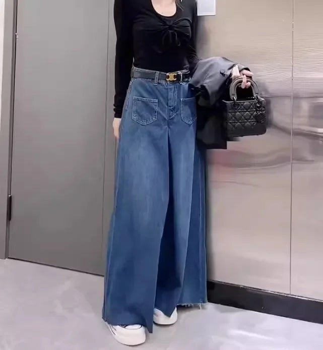 Retro High-Waist Wide-Leg Denim Pants