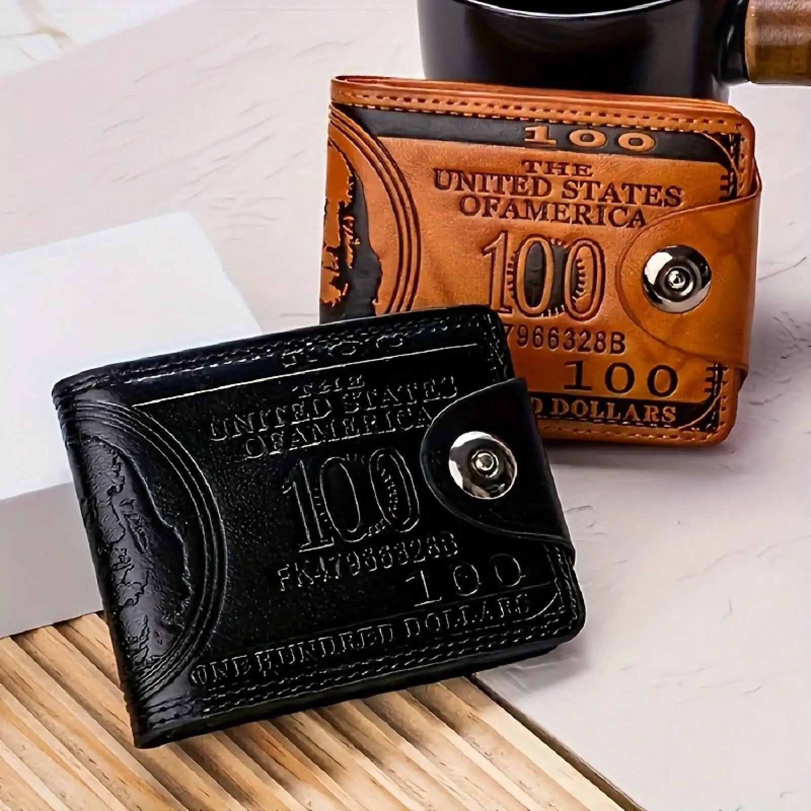 Men’s Leather Photo & Card Wallet – “100 USD Pattern