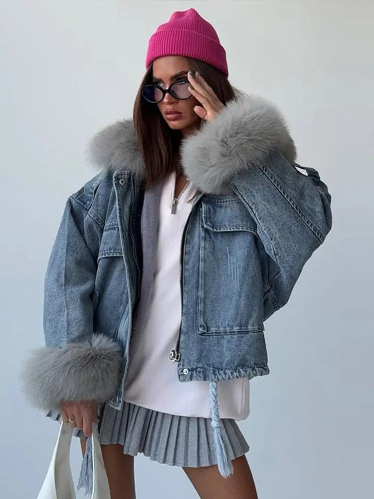 Faux Fur Collar & Cuffs Denim Jacket