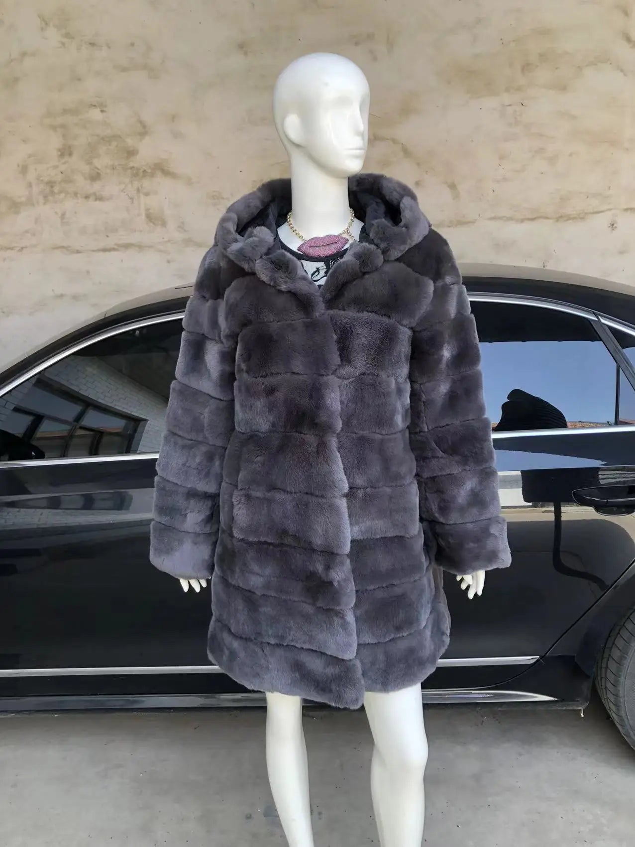 Luxury Rex Rabbit Fur Coat with Hood