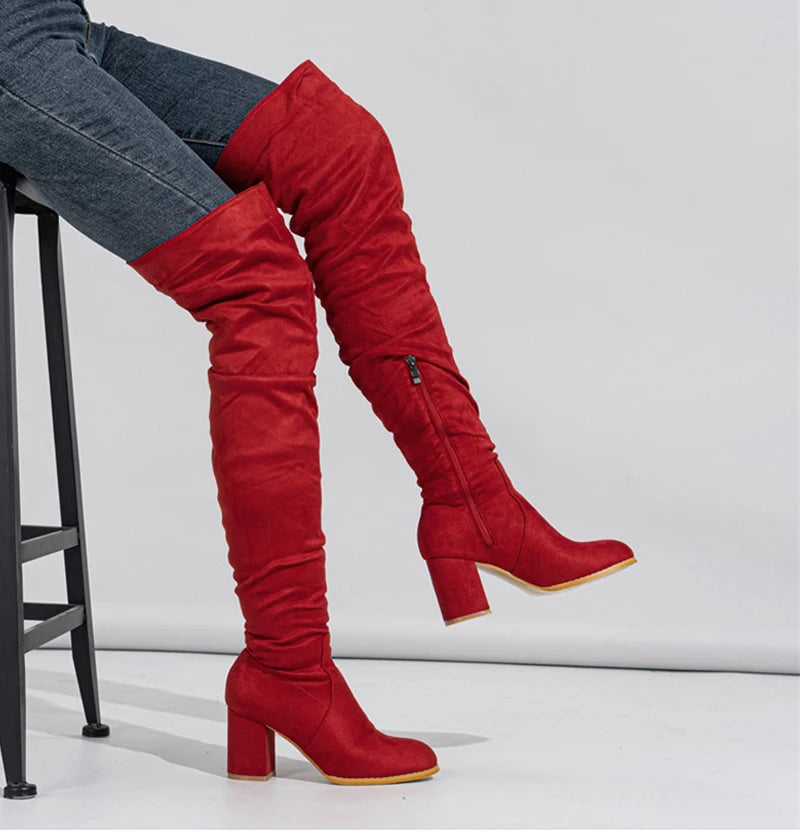 Zip-Up Flock Thigh-High Boots